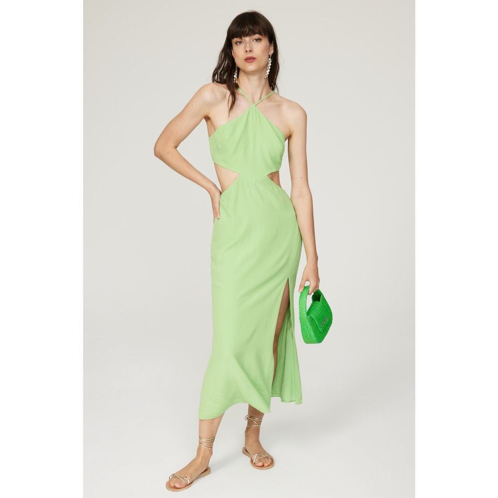 LOUNA Green Halter Cutout Middle Side Slit Midi Dress Size Small